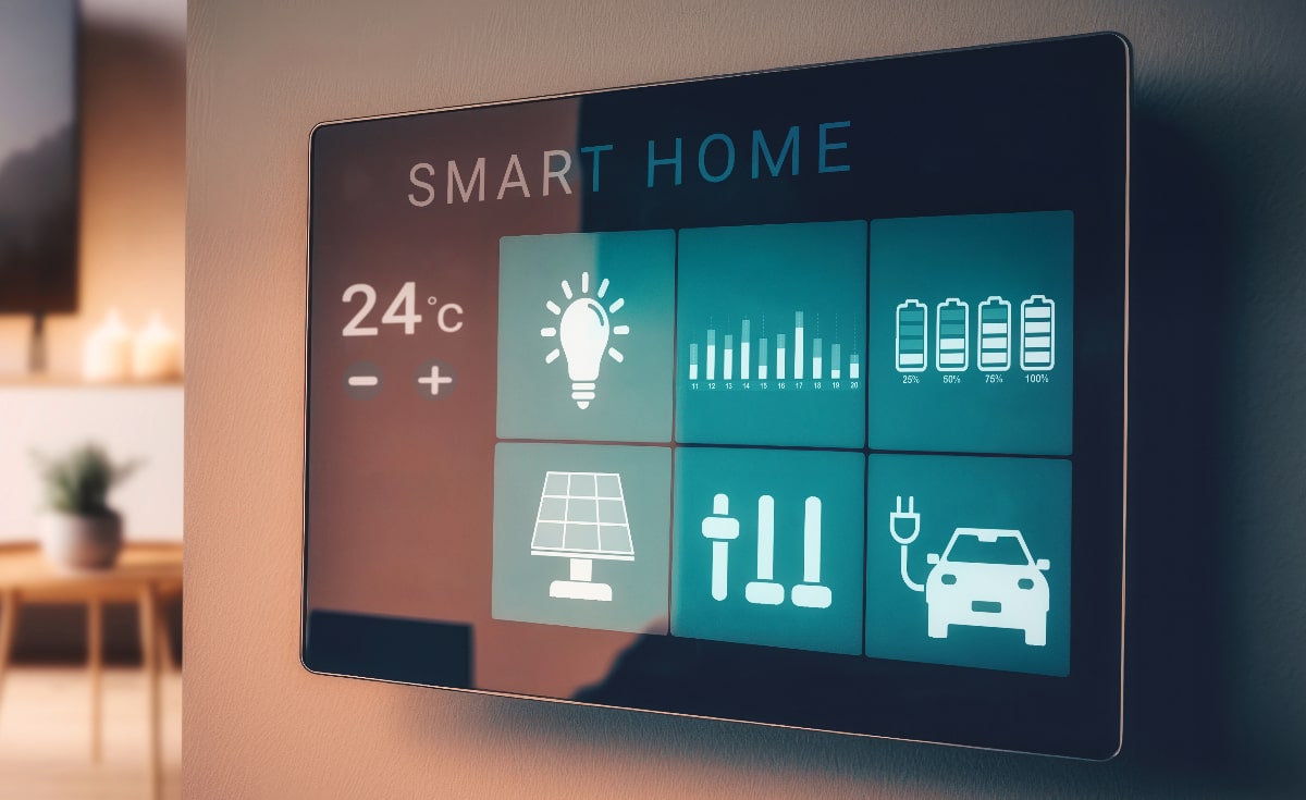 A sleek smart home control panel is mounted on a light-colored wall, displaying various interactive tiles against a dark background. The screen shows "SMART HOME" at the top. On the left, it indicates "24°C" with temperature adjustment controls. The main display features six tiles: a lightbulb icon, a bar graph, four battery icons indicating charge levels, a solar panel icon, an equalizer or settings icon, and an electric car charging icon. The room's ambient lighting is warm, and a blurred background shows parts of a living space, including furniture and plants.