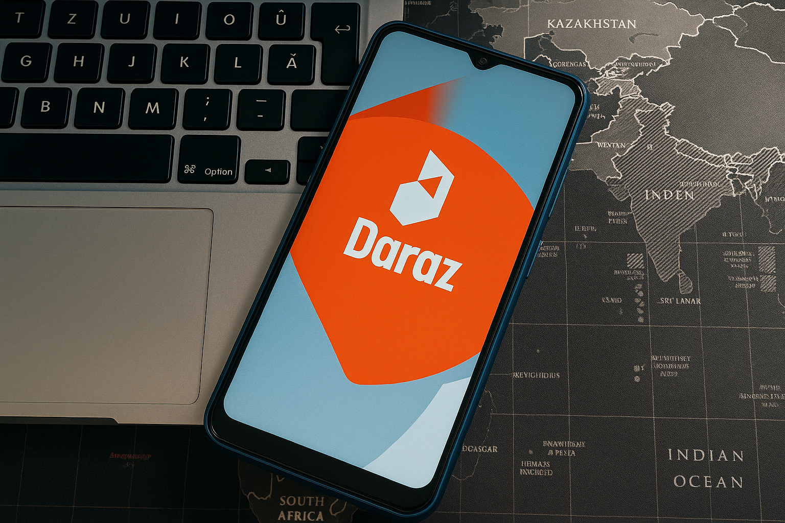 Smartphone displaying the Daraz app placed on top of a laptop keyboard, which rests on a mousepad printed with a world map — symbolizing global online shopping and e-commerce activity.